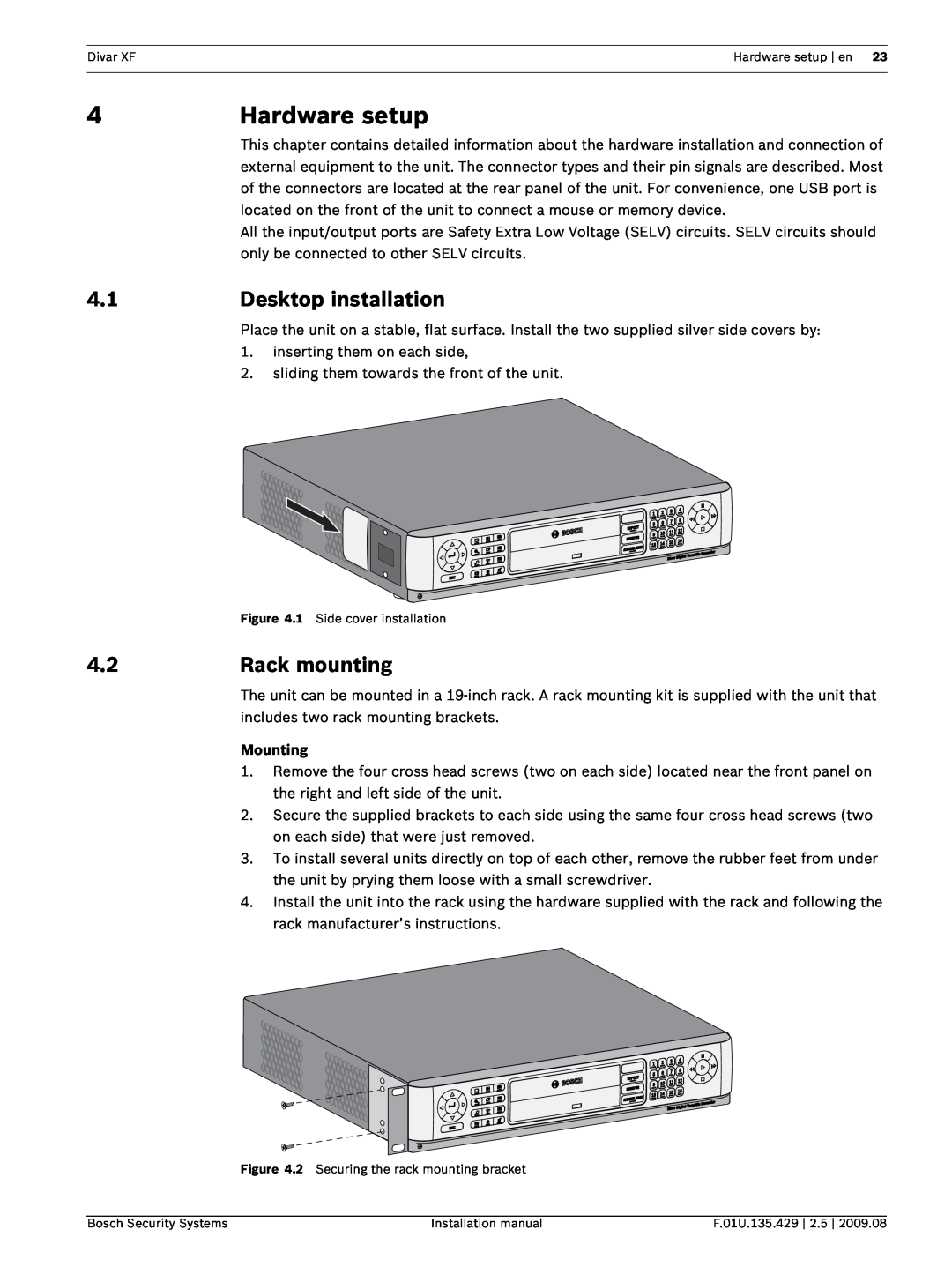 Bosch Appliances XF installation manual Hardware setup, Desktop installation, Rack mounting, Mounting 