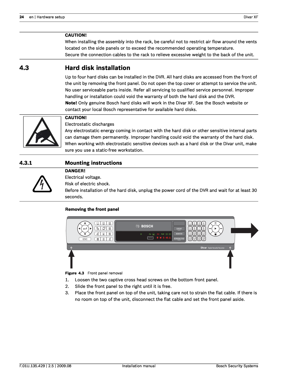 Bosch Appliances XF Hard disk installation, 4.3.1, Mounting instructions, Removing the front panel, Danger 