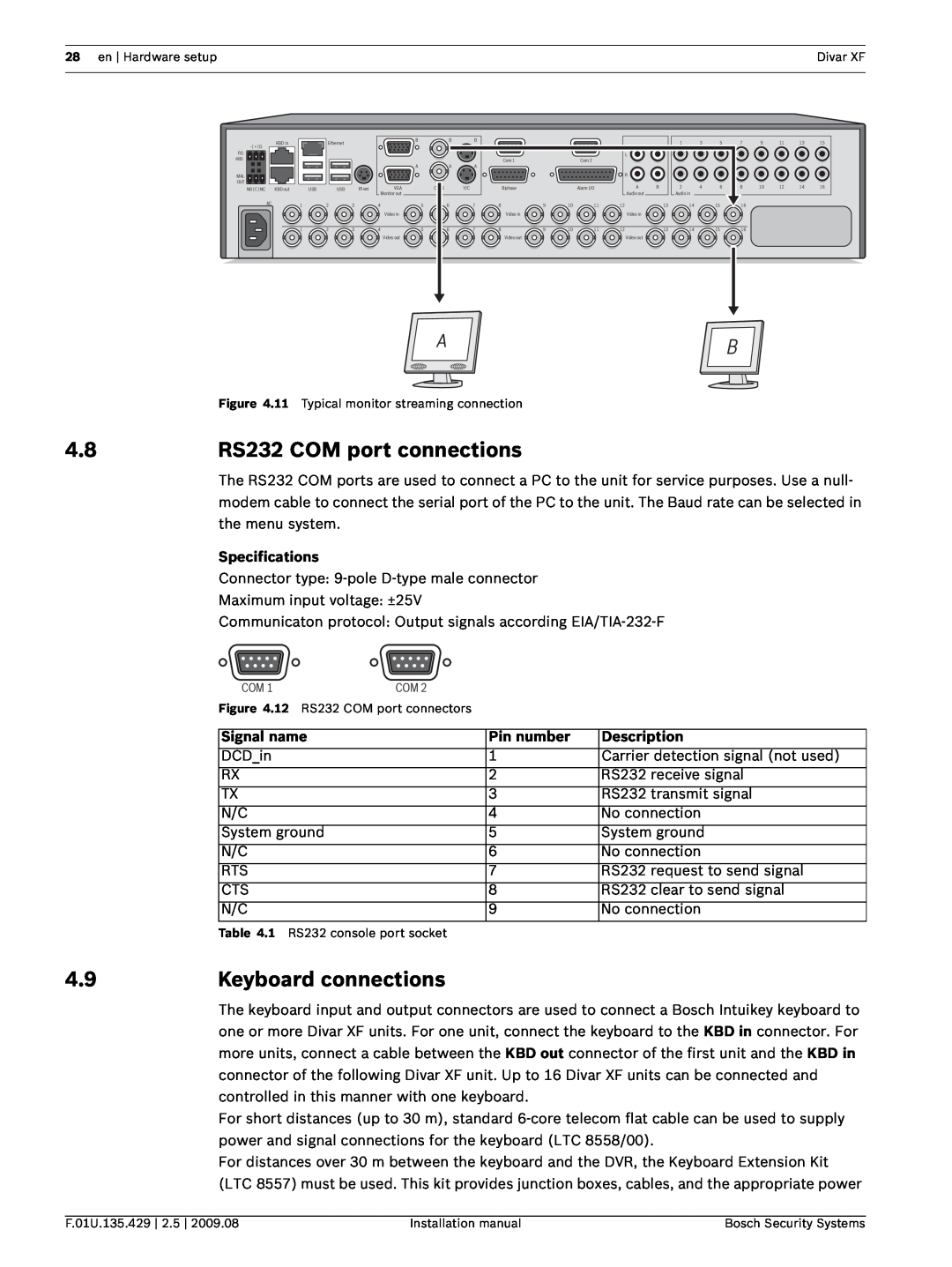 Bosch Appliances XF RS232 COM port connections, Keyboard connections, Signal name, Pin number, Description, Specifications 