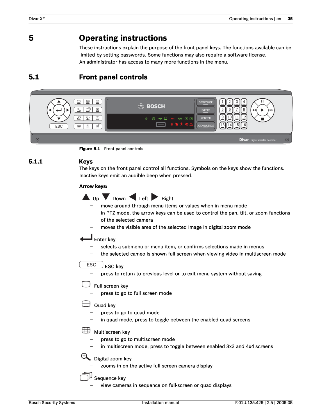 Bosch Appliances XF installation manual Operating instructions, Front panel controls, 5.1.1Keys, Arrow keys 