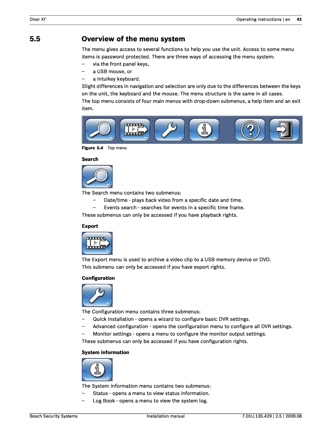 Bosch Appliances XF installation manual Overview of the menu system, Search, Export, Configuration, System information 