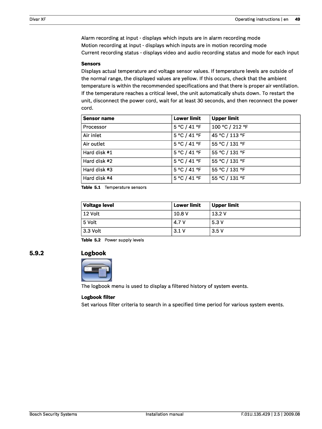 Bosch Appliances XF 5.9.2Logbook, Sensors, Sensor name, Lower limit, Upper limit, Voltage level, Logbook filter 