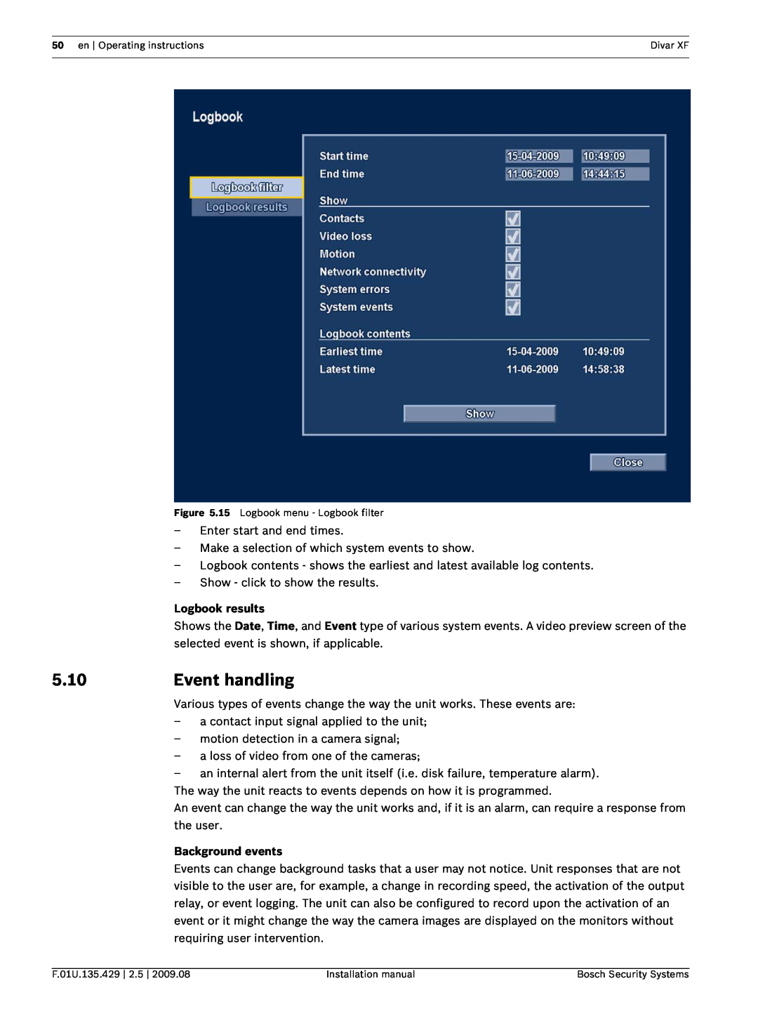 Bosch Appliances XF installation manual 5.10, Event handling, Logbook results, Background events 