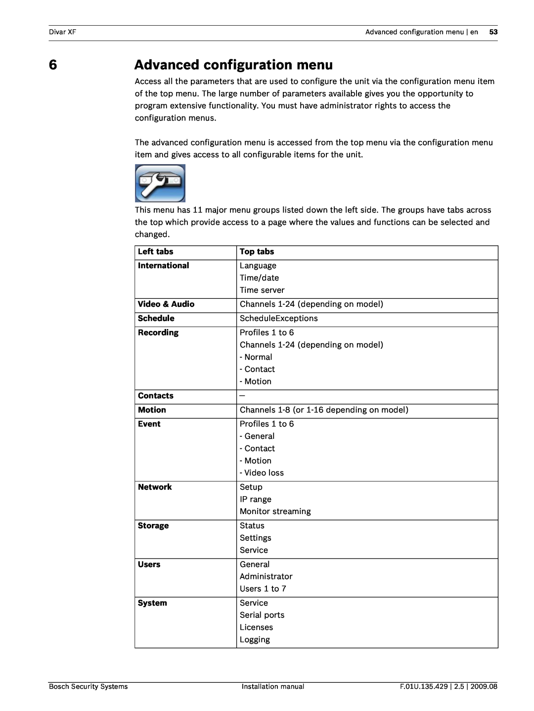 Bosch Appliances XF 6Advanced configuration menu, Left tabs, Top tabs, International, Video & Audio, Schedule, Recording 