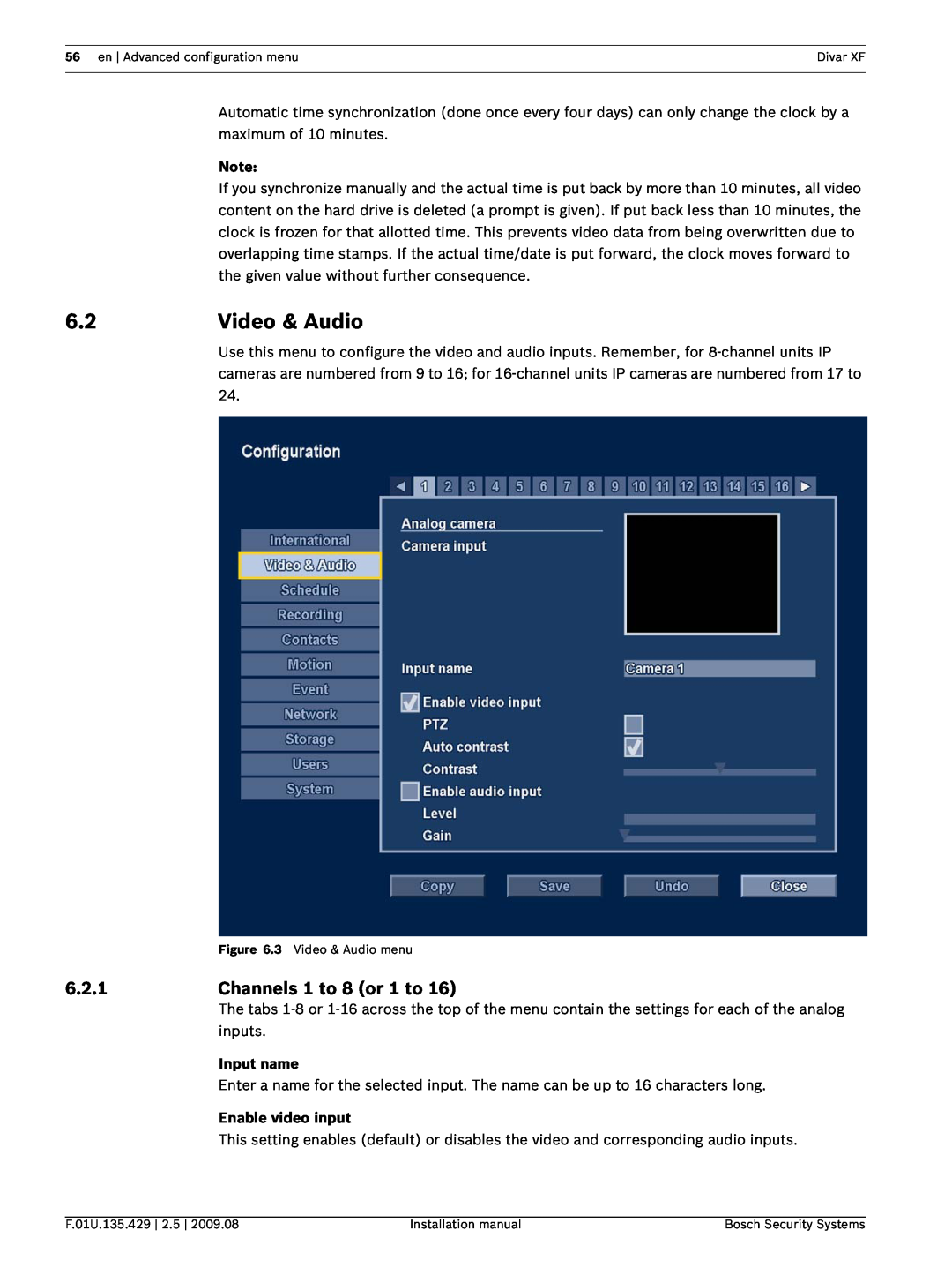 Bosch Appliances XF installation manual Video & Audio, 6.2.1, Channels 1 to 8 or 1 to, Input name, Enable video input 