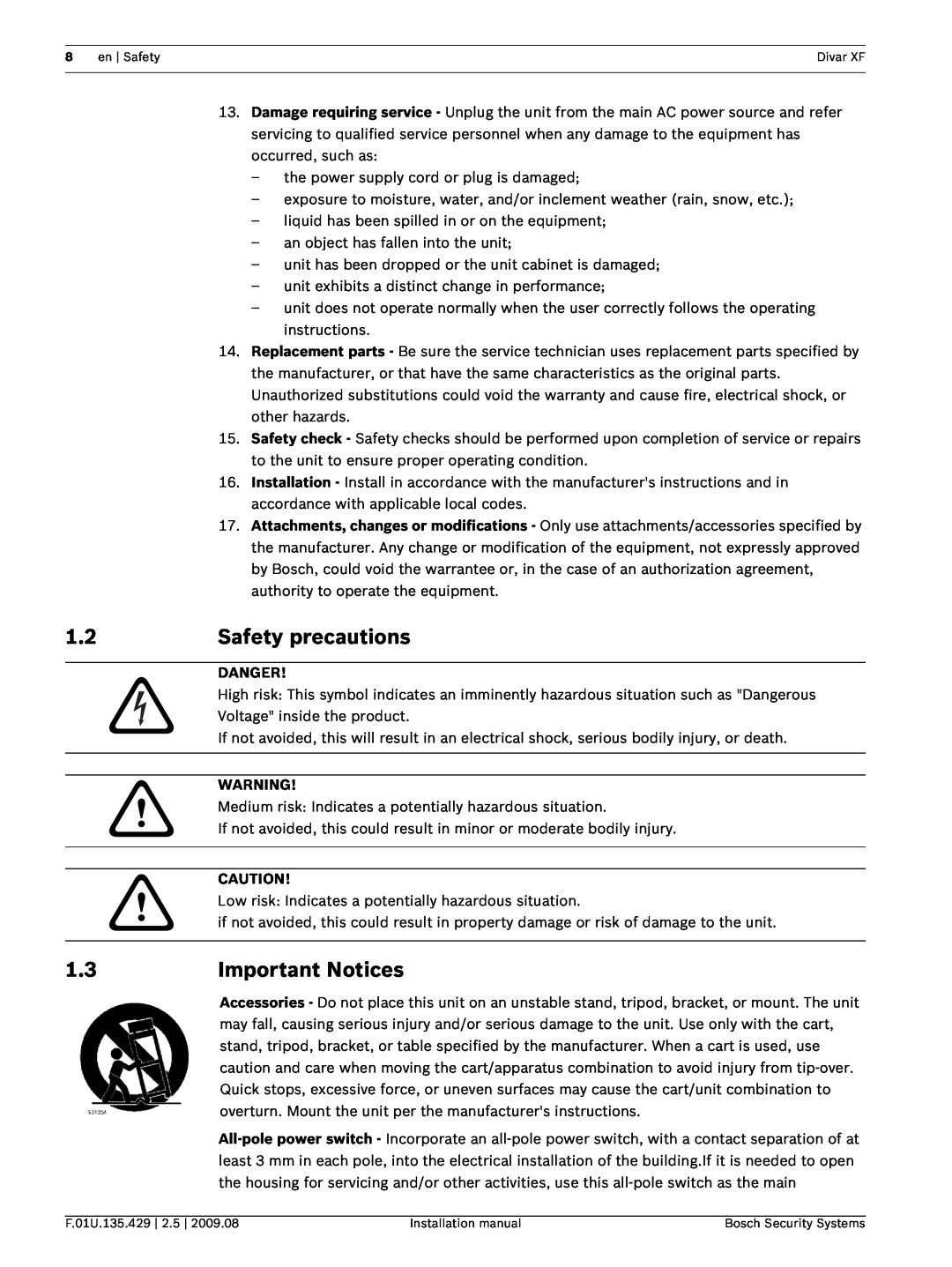 Bosch Appliances XF installation manual Safety precautions, Important Notices, Danger 