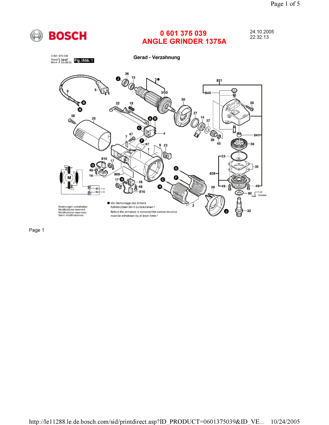 Bosch Power Tools 0 601 375 039 manual Angle Grinder 1375A 