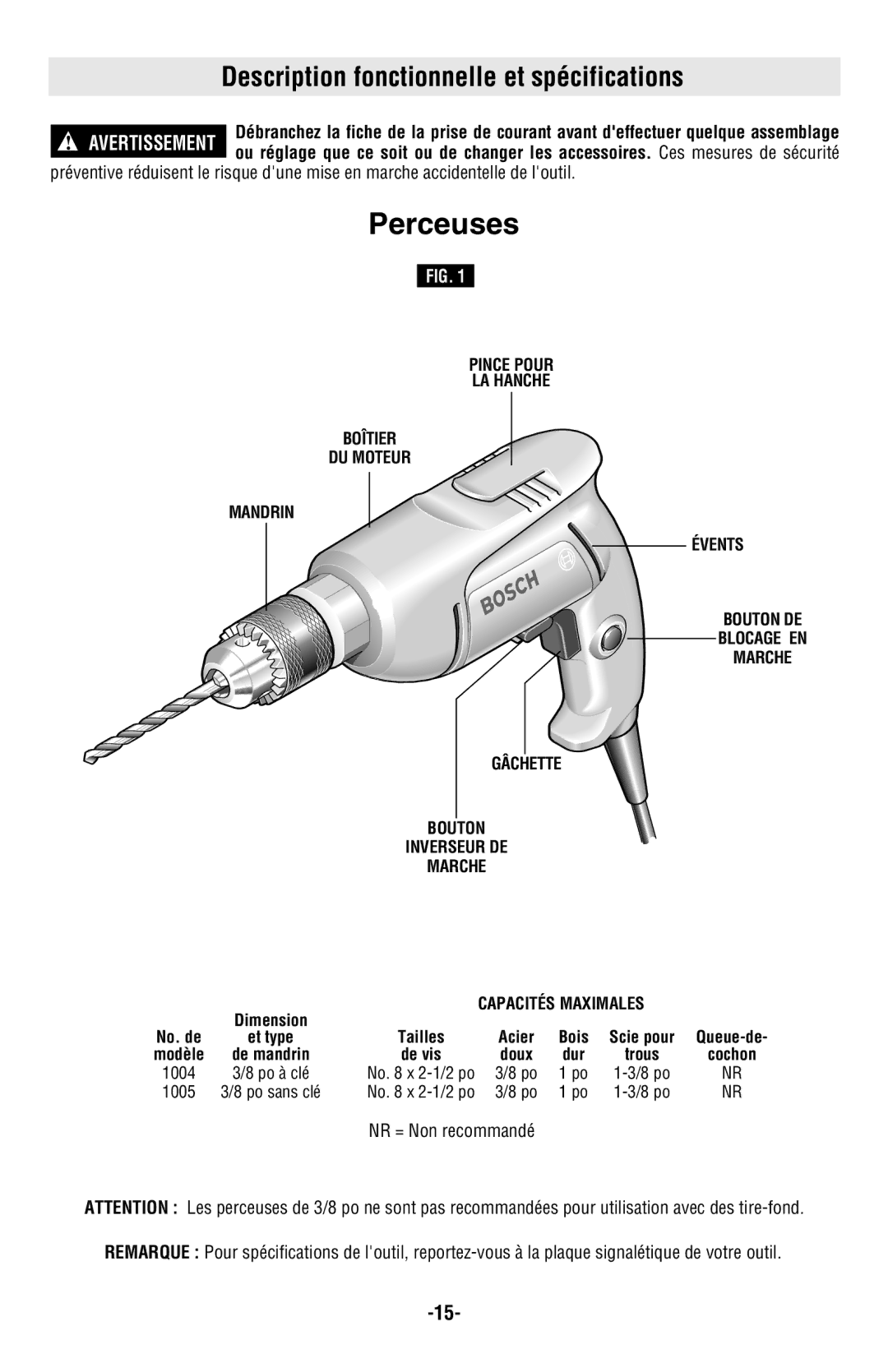 Bosch Power Tools 1004VSR, 1005VSR manual Description fonctionnelle et spécifications, NR = Non recommandé 