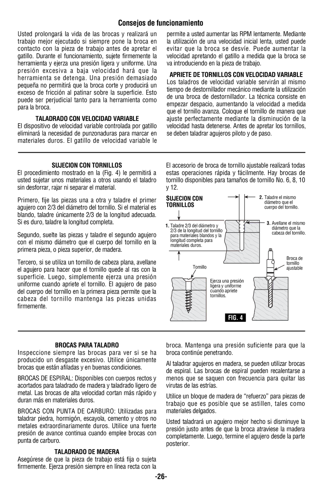 Bosch Power Tools 1005VSR, 1004VSR Consejos de funcionamiento, Taladrado CON Velocidad Variable, Sujecion CON Tornillos 