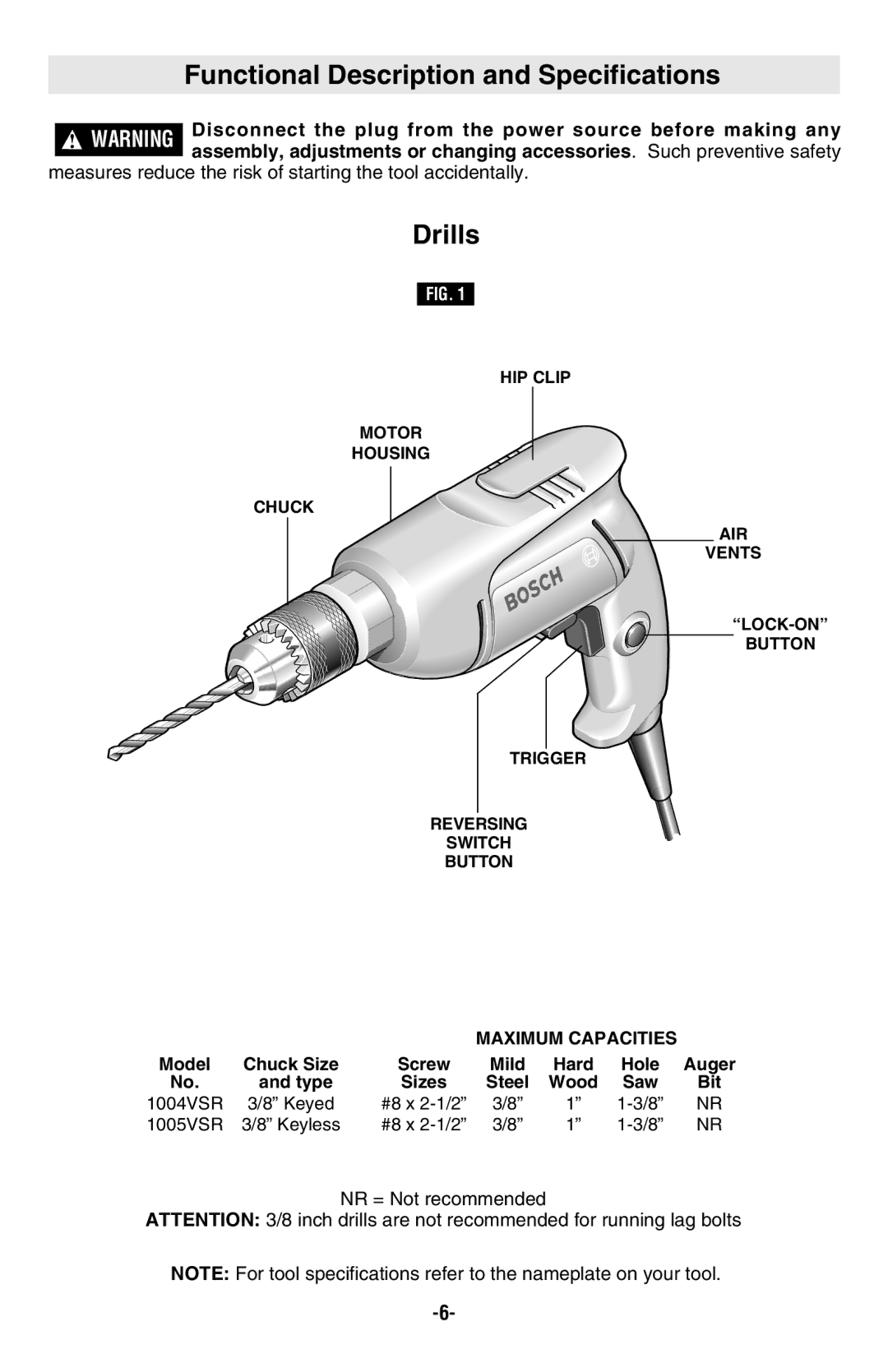 Bosch Power Tools 1005VSR, 1004VSR manual Functional Description and Specifications, Drills, NR = Not recommended 