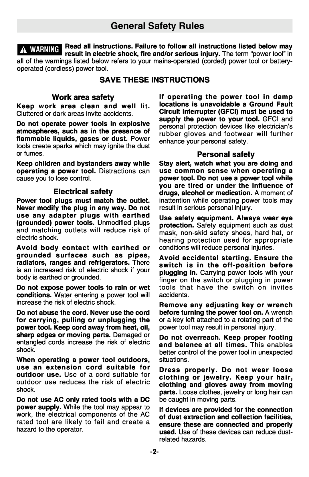 Bosch Power Tools 1005VSR, 1004VSR manual General Safety Rules, Save These Instructions, Work area safety, Electrical safety 
