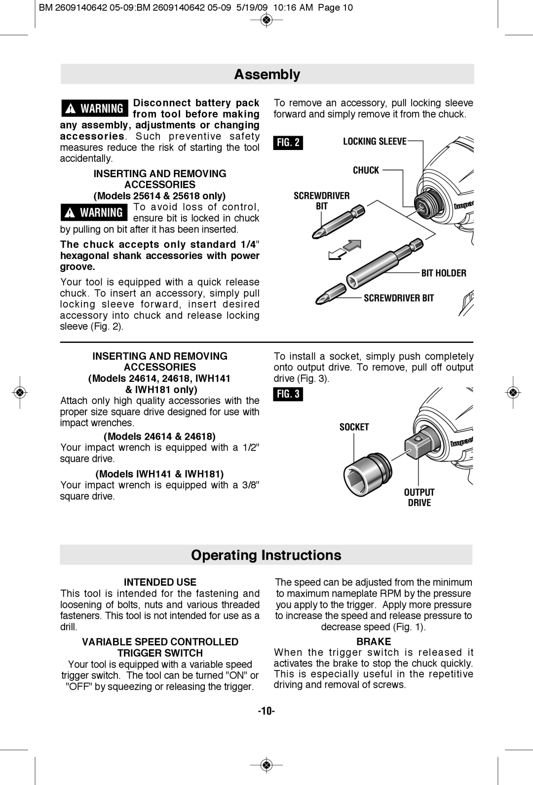 Bosch Power Tools 1006VSR manual Assembly, Operating Instructions 