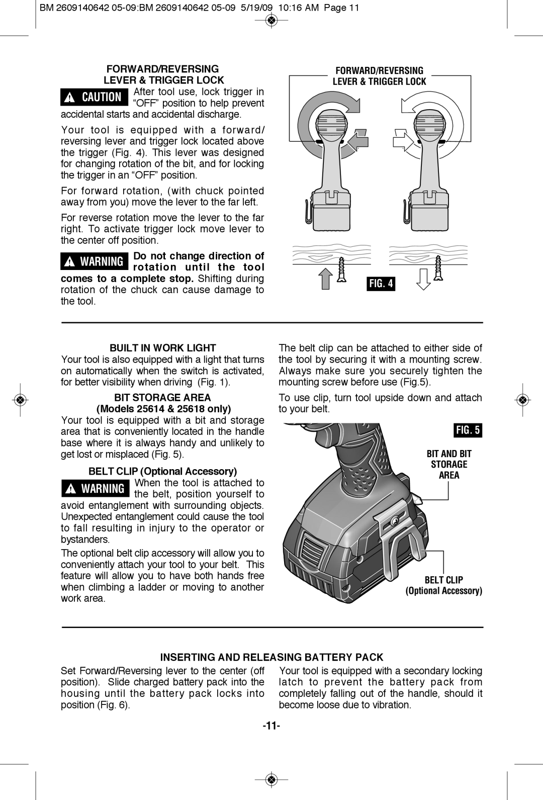 Bosch Power Tools 1006VSR manual FORWARD/REVERSING Lever & Trigger Lock, BIT Storage Area Models 25614 & 25618 only 