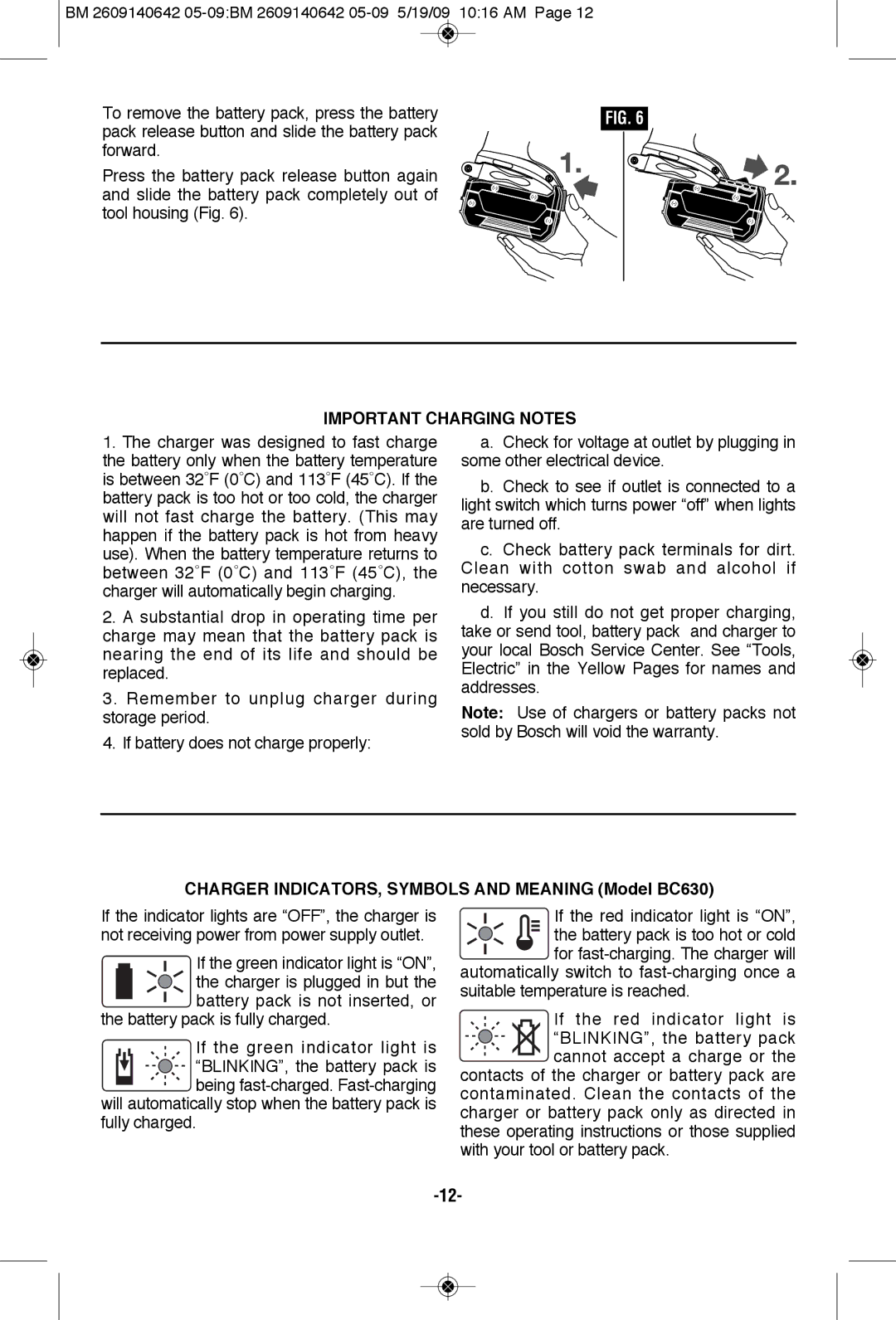 Bosch Power Tools 1006VSR manual Important Charging Notes, Charger INDICATORS, SyMBOLS and Meaning Model BC630 