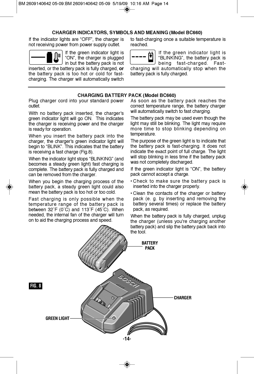 Bosch Power Tools 1006VSR manual Charger INDICATORS, SyMBOLS and Meaning Model BC660, Charging BATTERy Pack Model BC660 