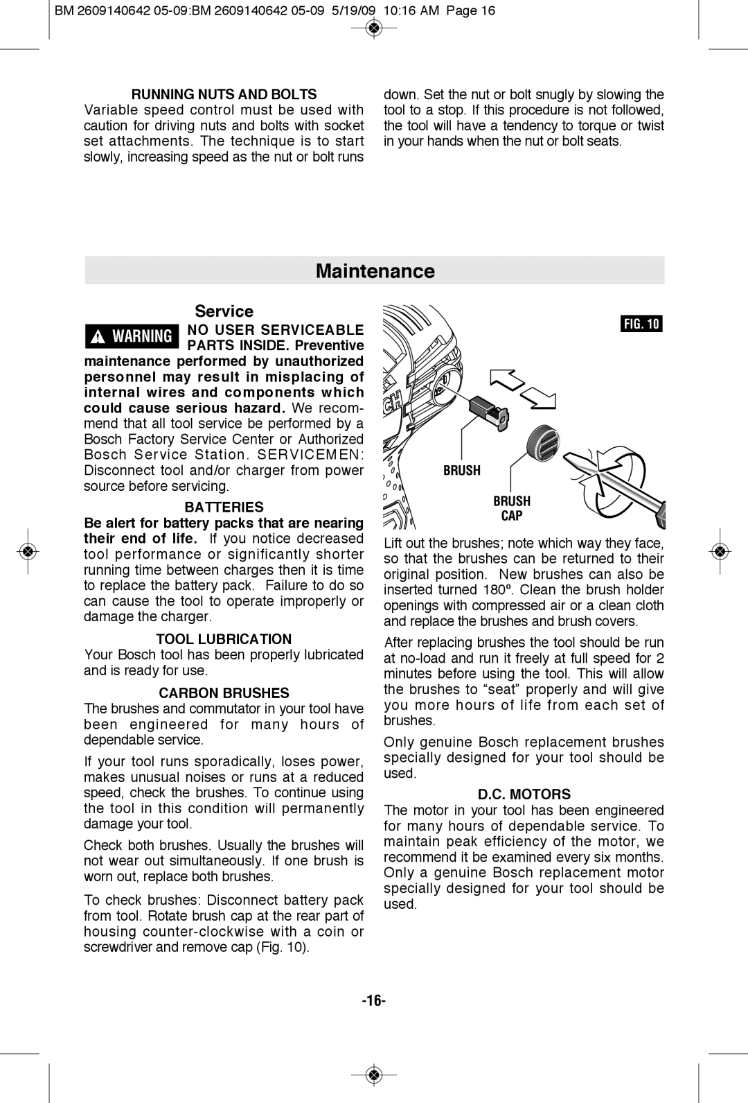 Bosch Power Tools 1006VSR manual Maintenance 