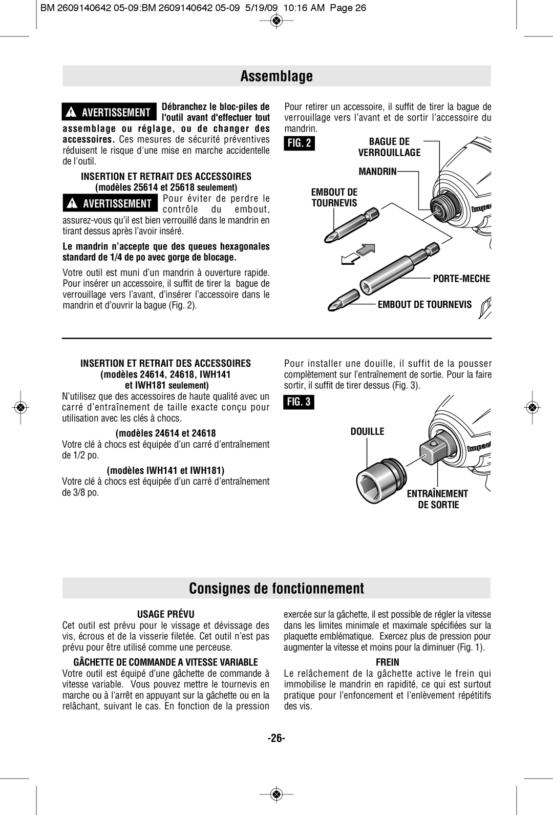 Bosch Power Tools 1006VSR manual Assemblage, Consignes de fonctionnement 