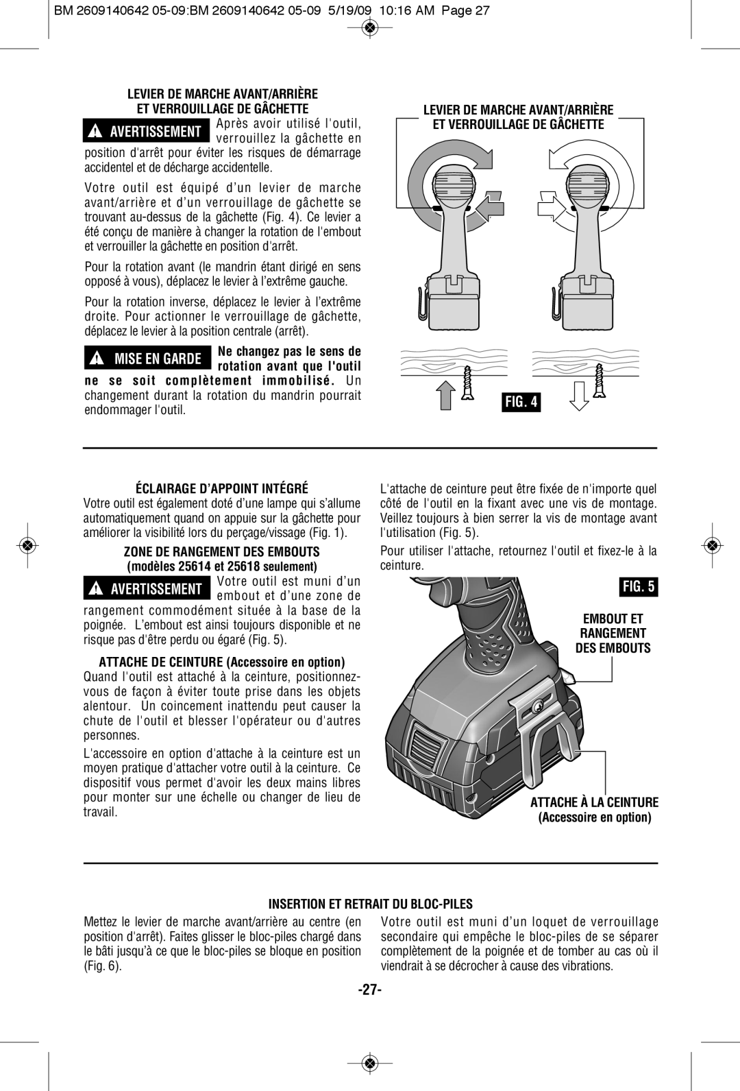 Bosch Power Tools 1006VSR manual Levier DE Marche AVANT/ARRIÈRE ET Verrouillage DE Gâchette, Accessoire en option 