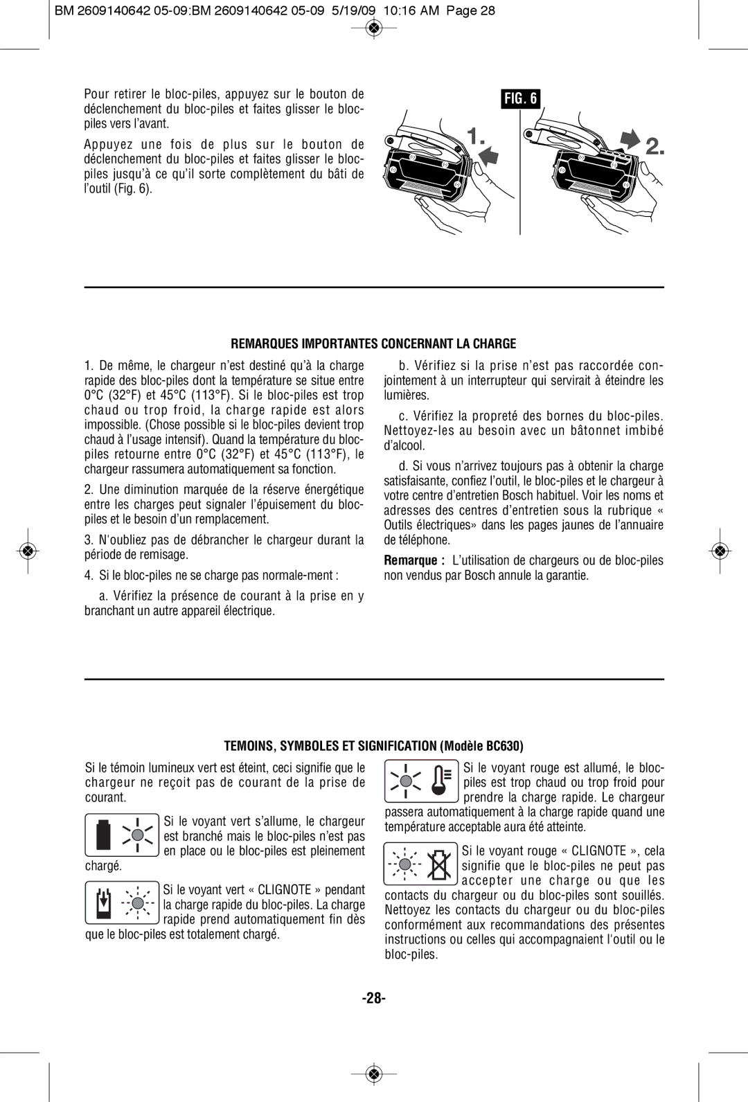 Bosch Power Tools 1006VSR Remarques Importantes Concernant LA Charge, TEMOINS, Symboles ET Signification Modèle BC630 