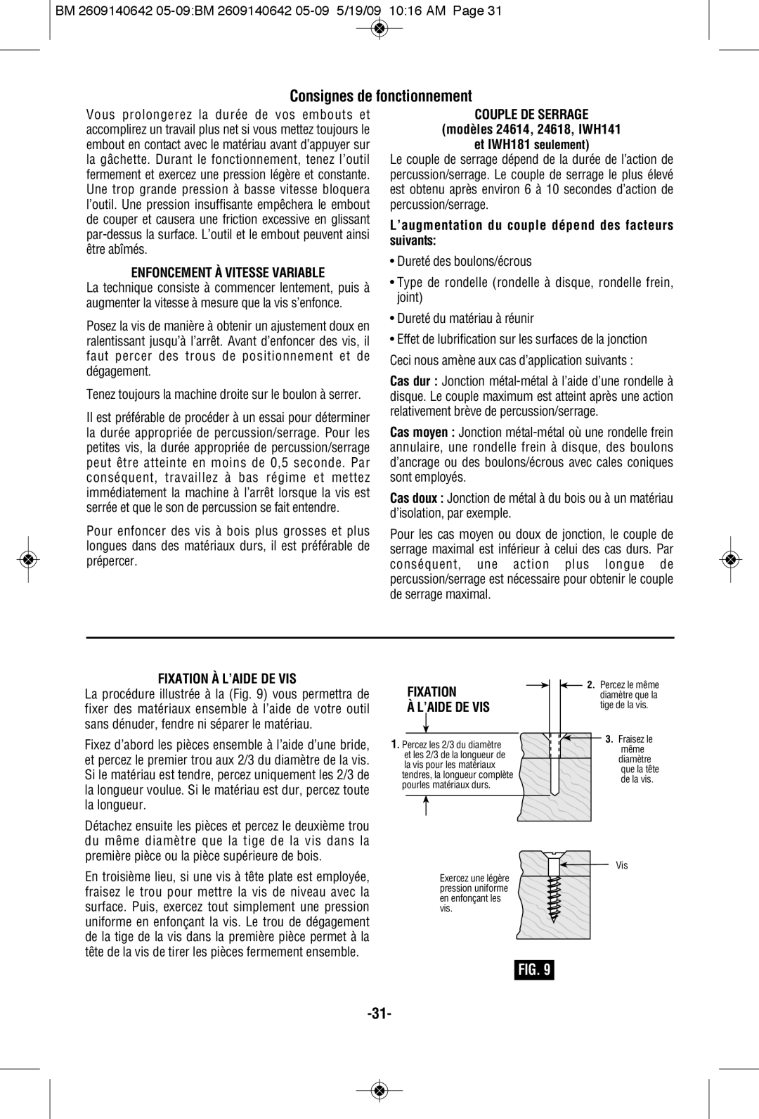 Bosch Power Tools 1006VSR manual Consignes de fonctionnement, Enfoncement À Vitesse Variable, Couple DE Serrage 