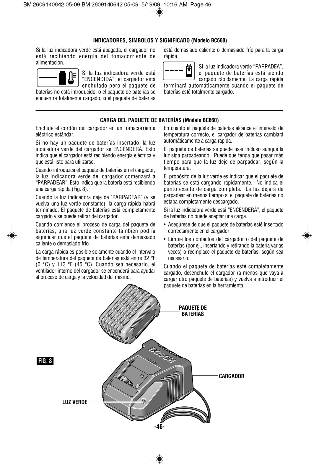 Bosch Power Tools 1006VSR INDICADORES, Simbolos Y Significado Modelo BC660, Carga DEL Paquete DE Baterías Modelo BC660 