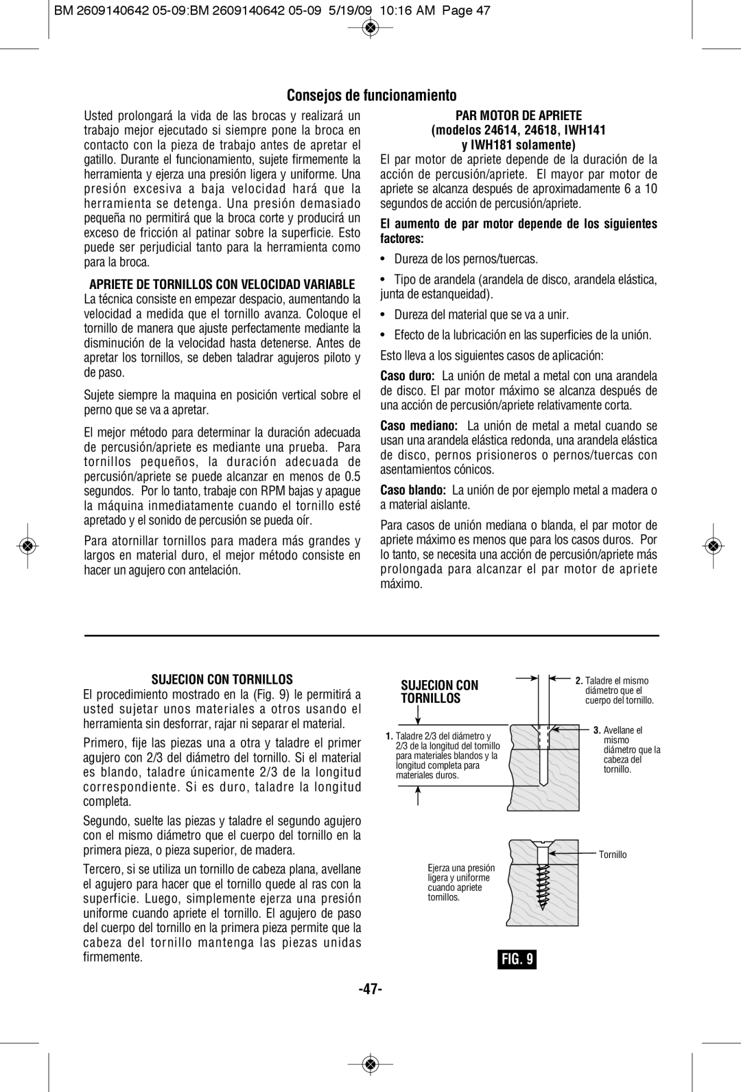 Bosch Power Tools 1006VSR manual Consejos de funcionamiento, PAR Motor DE Apriete, Sujecion CON Tornillos 