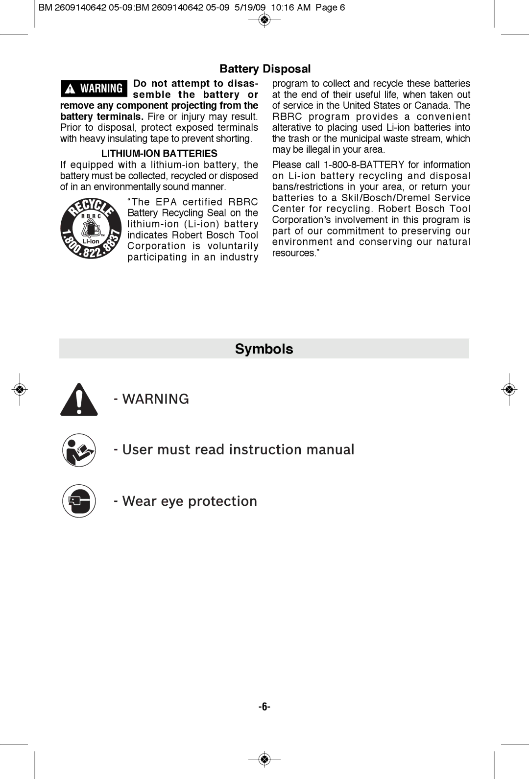 Bosch Power Tools 1006VSR manual Symbols, Battery Disposal, LITHIUM-ION Batteries 