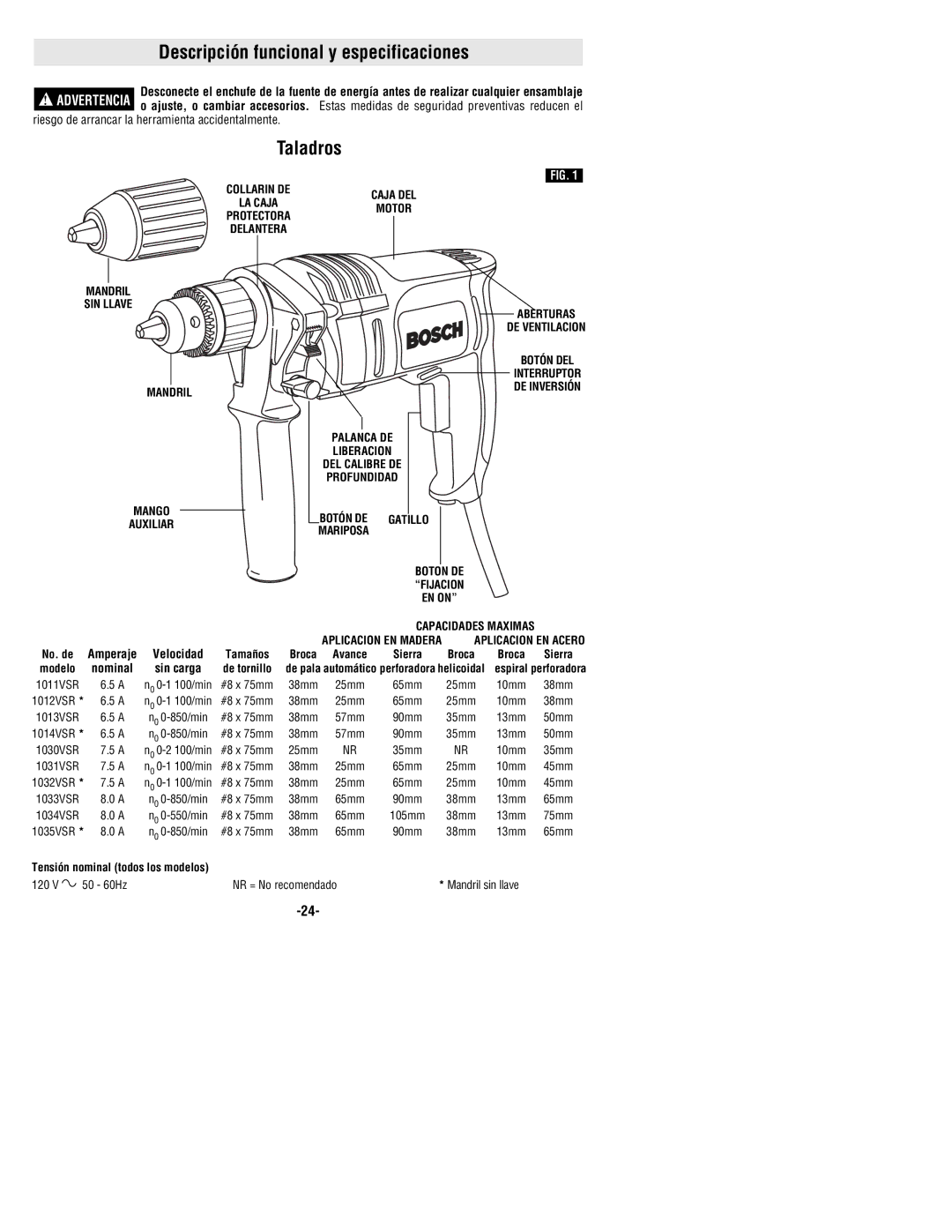 Bosch Power Tools 1034VSR, 1030VSR, 1033VSR, 1011VSR Descripción funcional y especificaciones, Taladros, Capacidades Maximas 