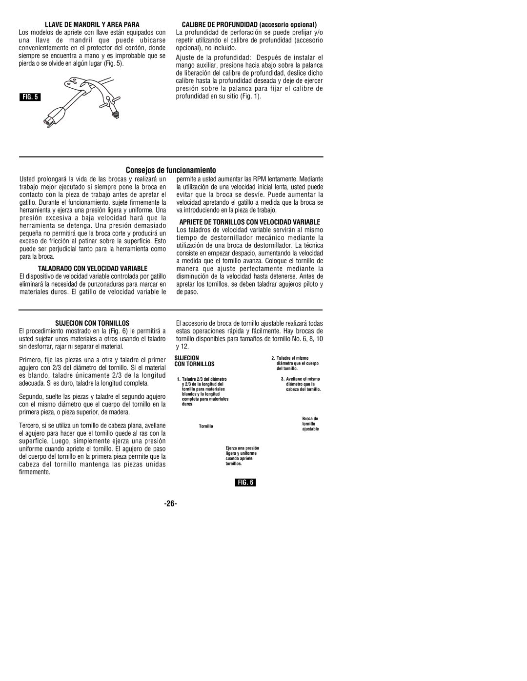 Bosch Power Tools 1033VSR, 1034VSR manual Consejos de funcionamiento, Llave DE Mandril Y Area Para, Sujecion CON Tornillos 