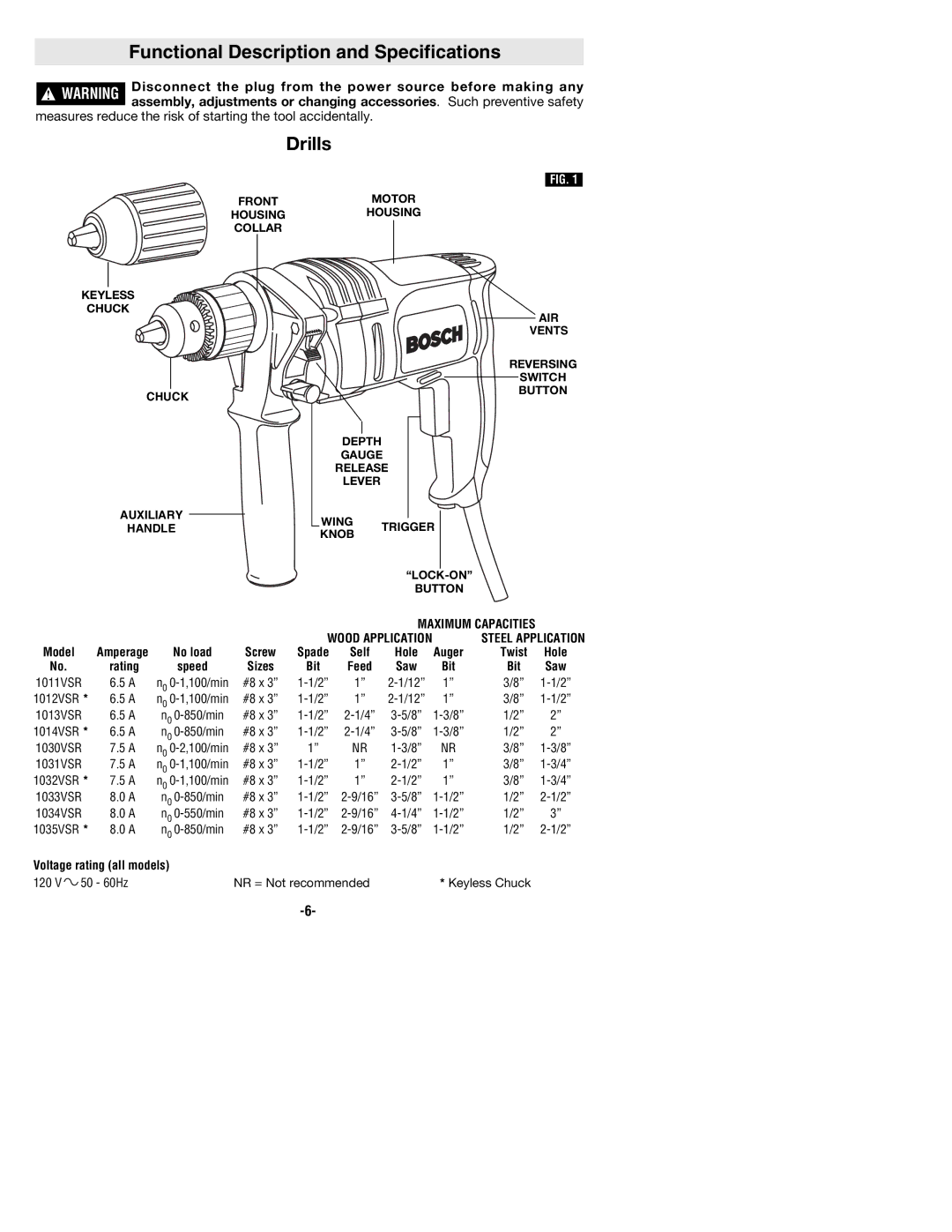 Bosch Power Tools 1034VSR, 1030VSR, 1033VSR, 1011VSR, 1012VSR, 1013VSR manual Functional Description and Specifications, Drills 