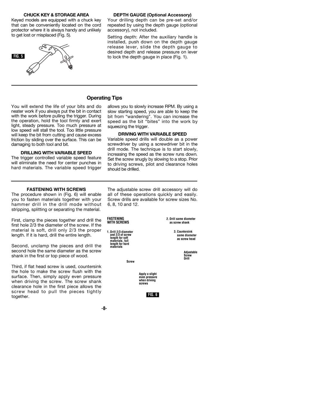 Bosch Power Tools 1033VSR Operating Tips, Chuck KEY & Storage Area, Drilling with Variable Speed, Fastening with Screws 