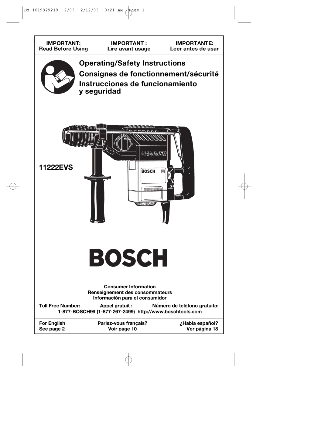 Bosch Power Tools 11222EVS manual Operating/Safety Instructions 