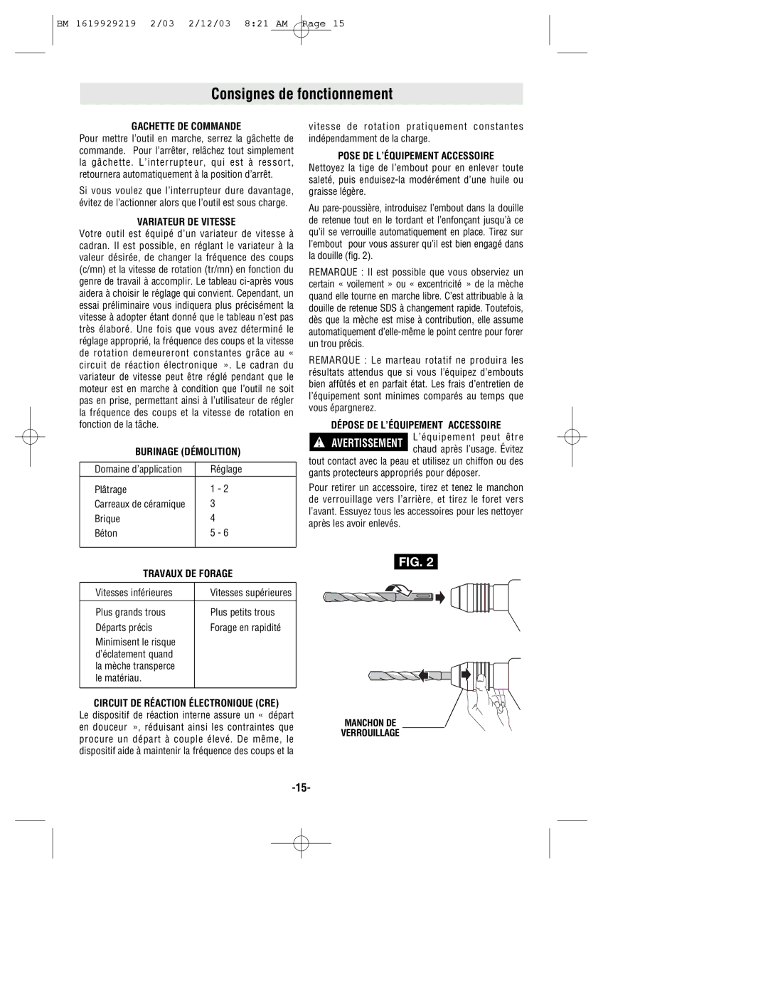 Bosch Power Tools 11222EVS manual Consignes de fonctionnement 