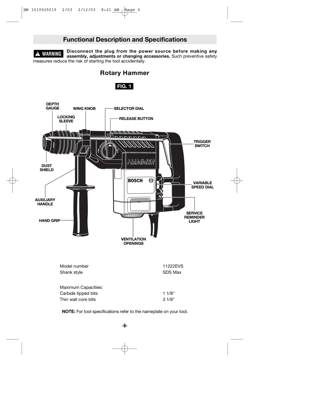 Bosch Power Tools 11222EVS manual Functional Description and Specifications, Rotary Hammer 