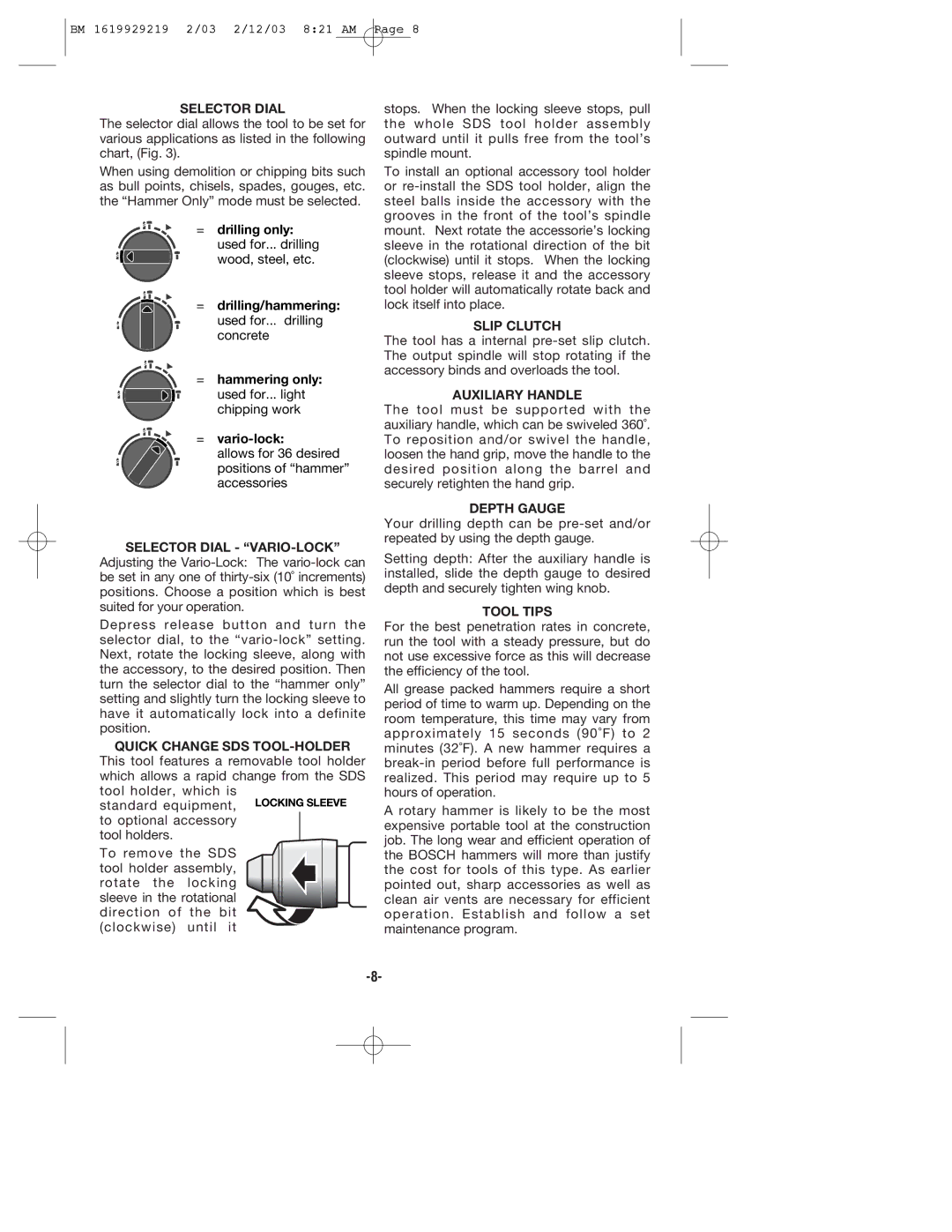 Bosch Power Tools 11222EVS manual Selector Dial 