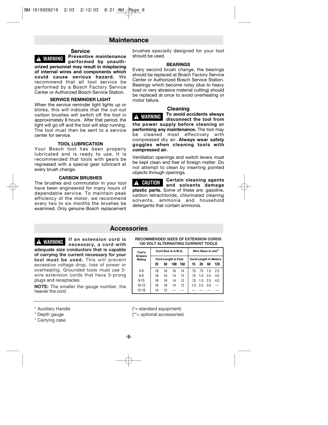 Bosch Power Tools 11222EVS manual Maintenance, Accessories 