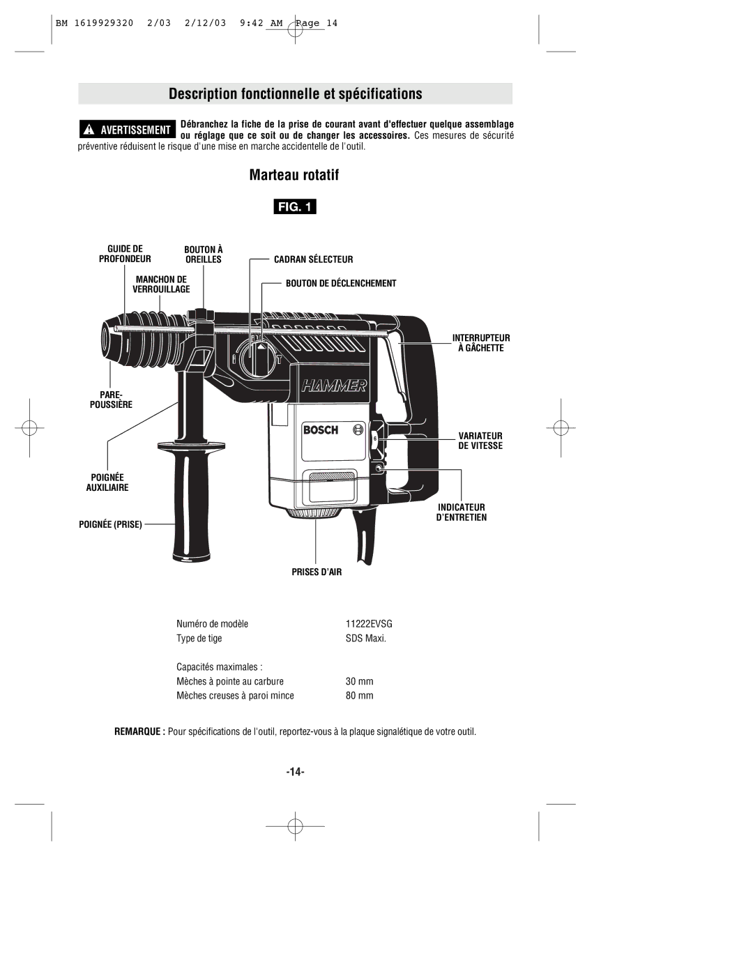 Bosch Power Tools 11222EVSG manual Description fonctionnelle et spécifications, Marteau rotatif 