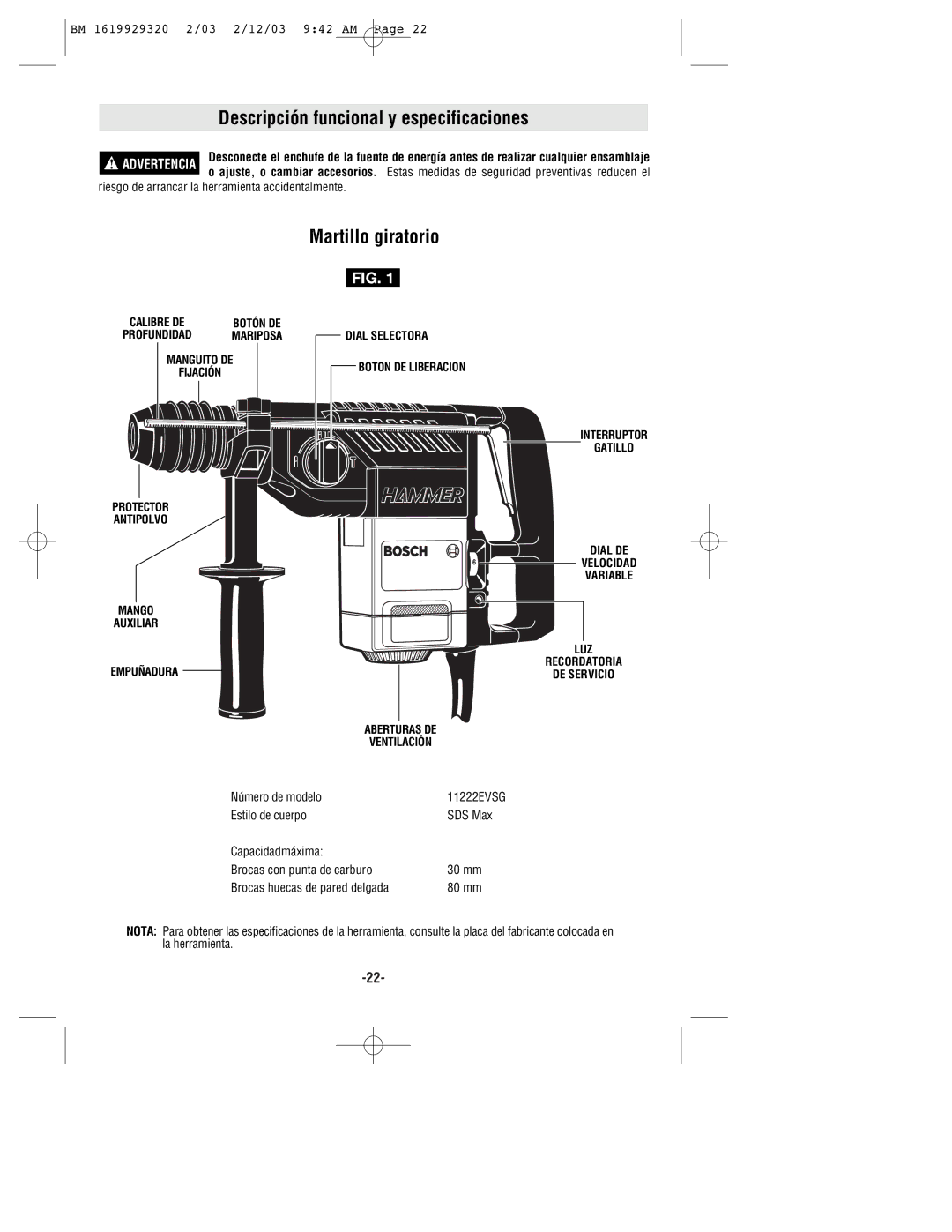 Bosch Power Tools 11222EVSG manual Descripción funcional y especificaciones, Martillo giratorio 