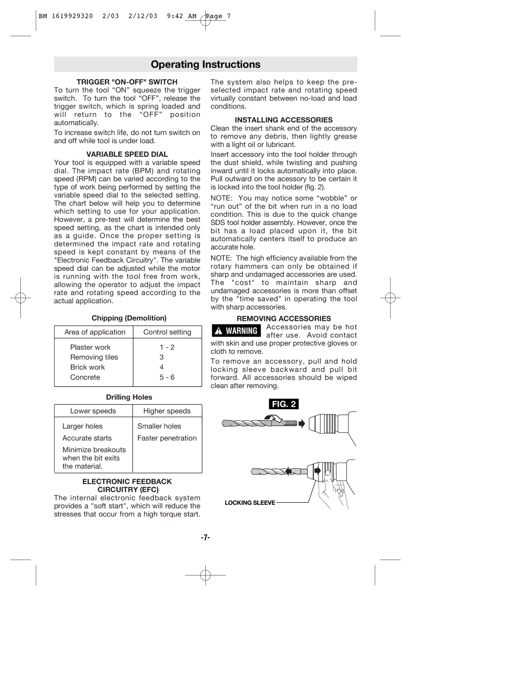 Bosch Power Tools 11222EVSG manual Operating Instructions 