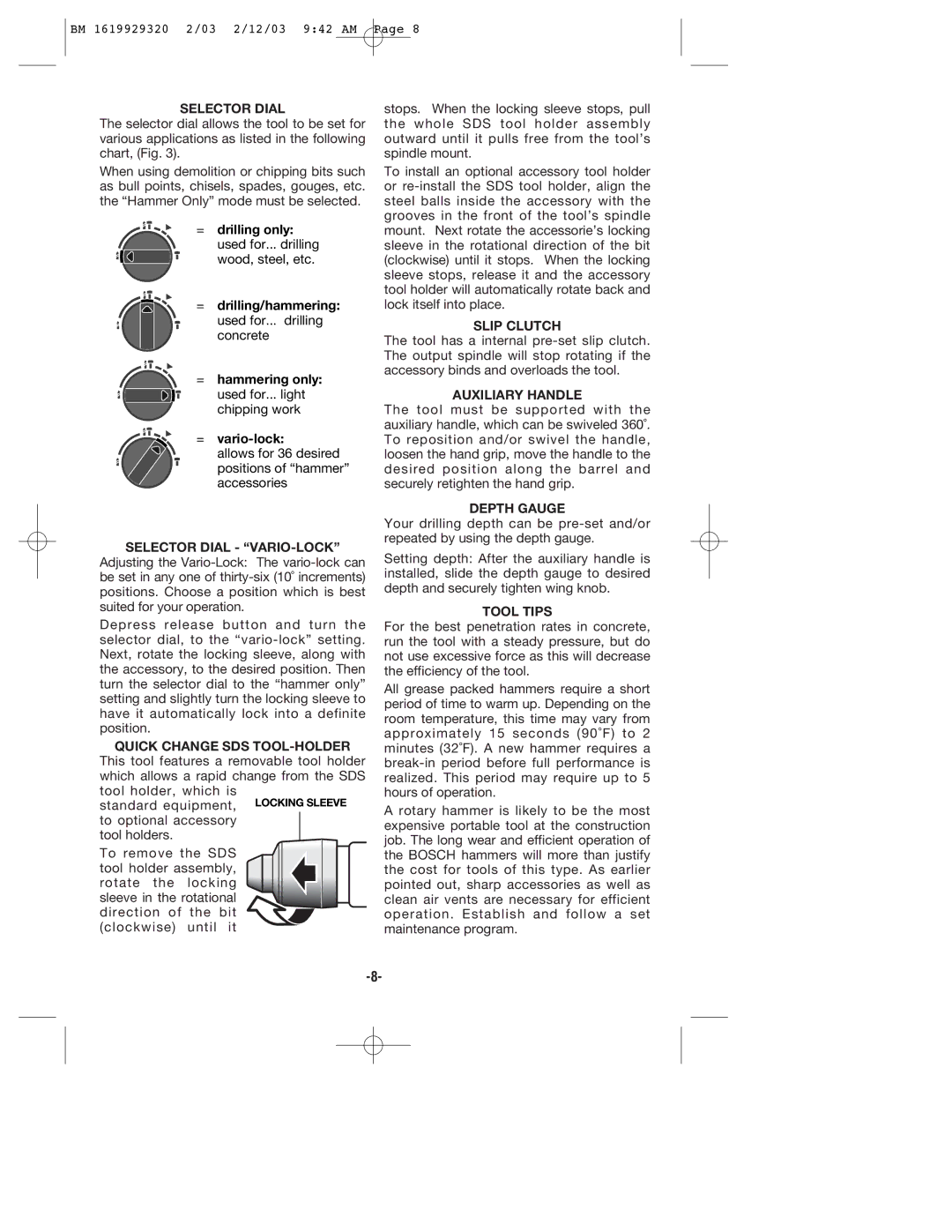 Bosch Power Tools 11222EVSG Selector Dial VARIO-LOCK, Quick Change SDS TOOL-HOLDER, Slip Clutch, Auxiliary Handle 