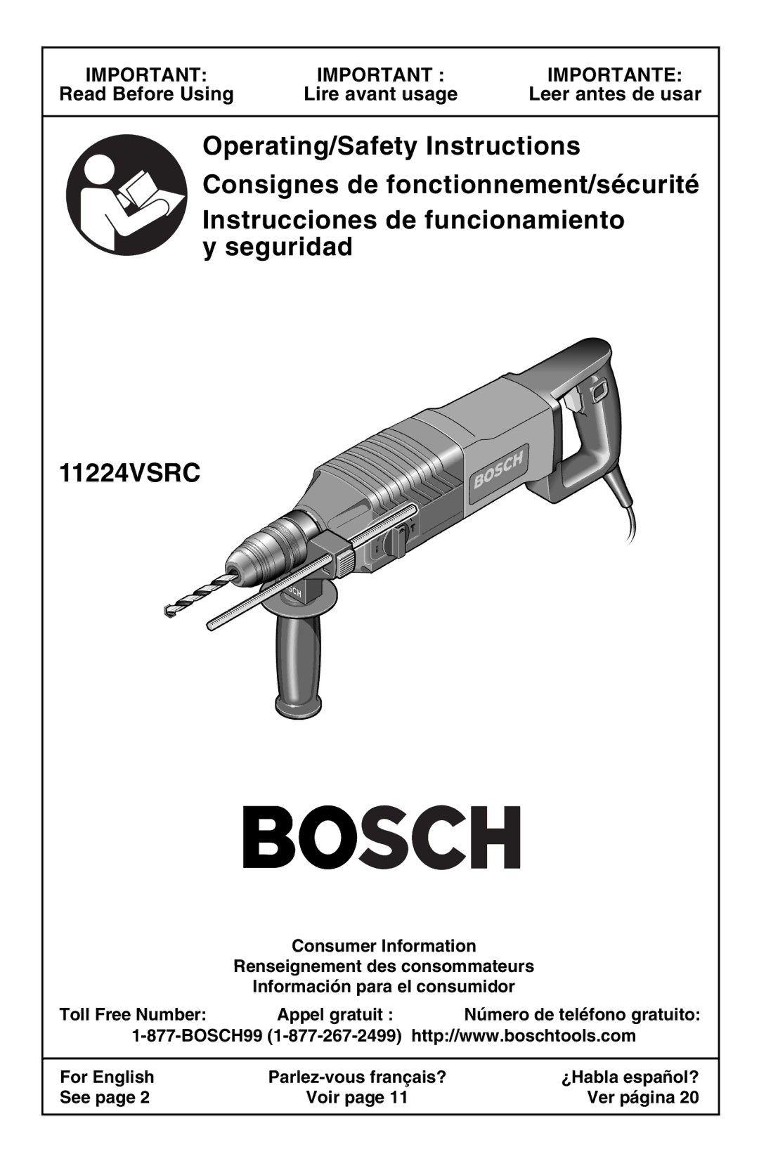 Bosch Power Tools 11224VSRC manual Read Before Using Lire avant usage Leer antes de usar 