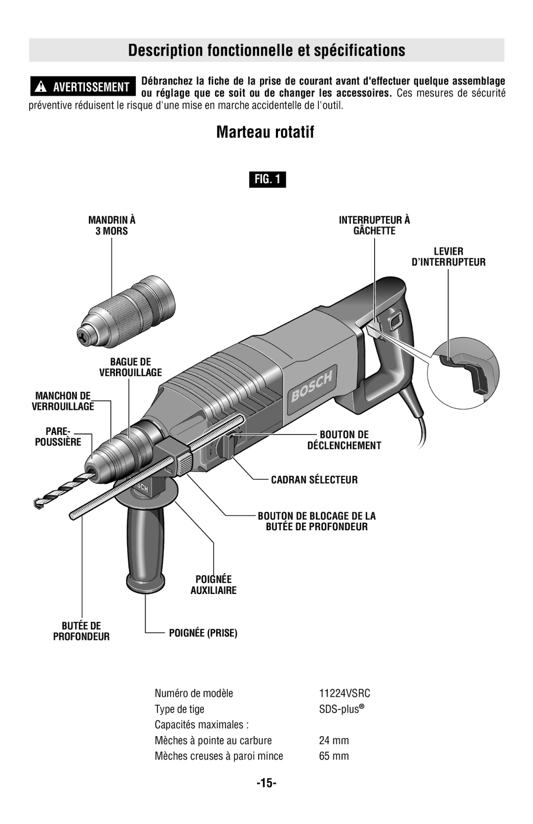 Bosch Power Tools 11224VSRC manual Description fonctionnelle et spécifications, Marteau rotatif 