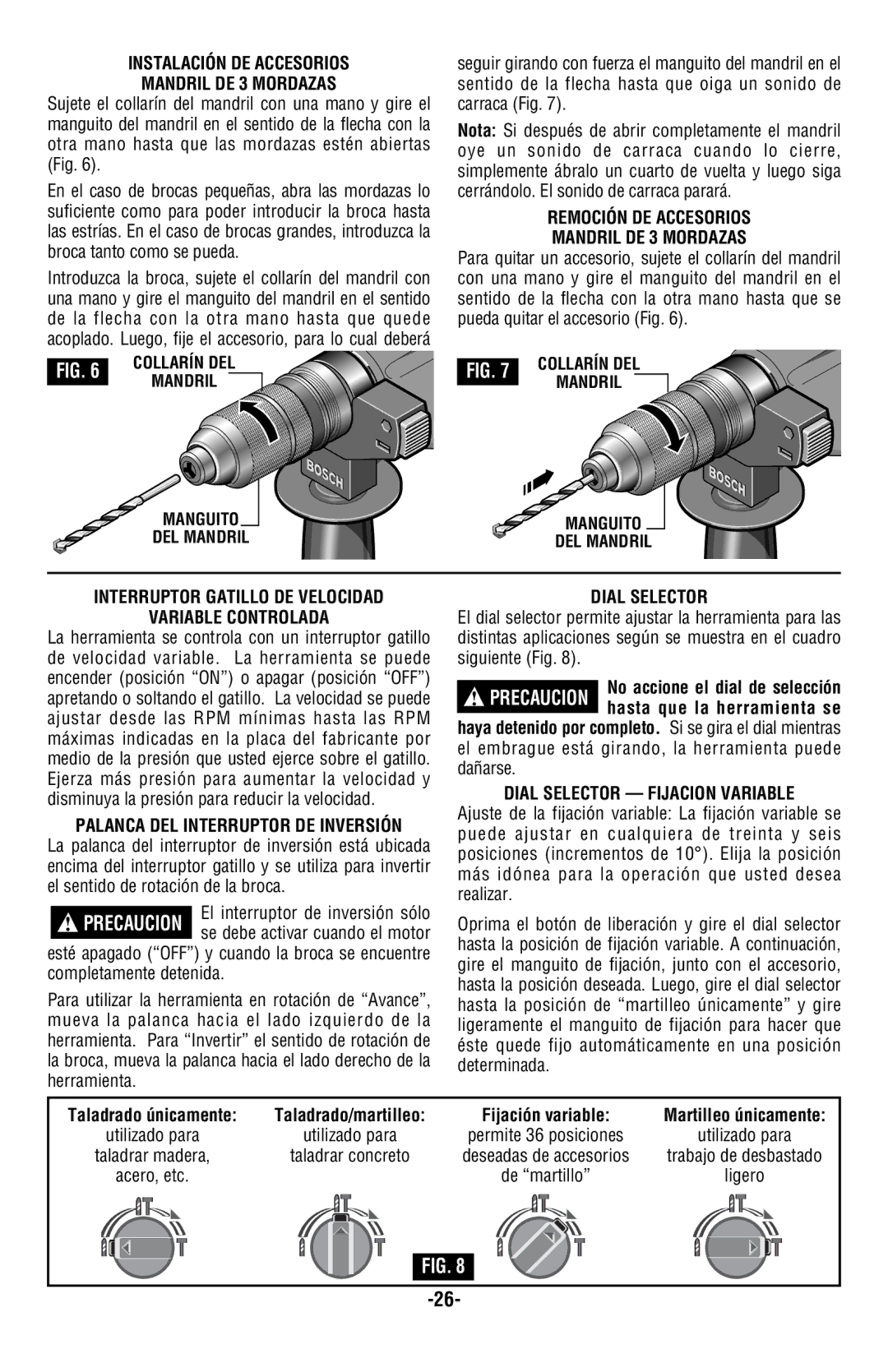 Bosch Power Tools 11224VSRC Instalación DE Accesorios Mandril DE 3 Mordazas, Remoción DE Accesorios Mandril DE 3 Mordazas 