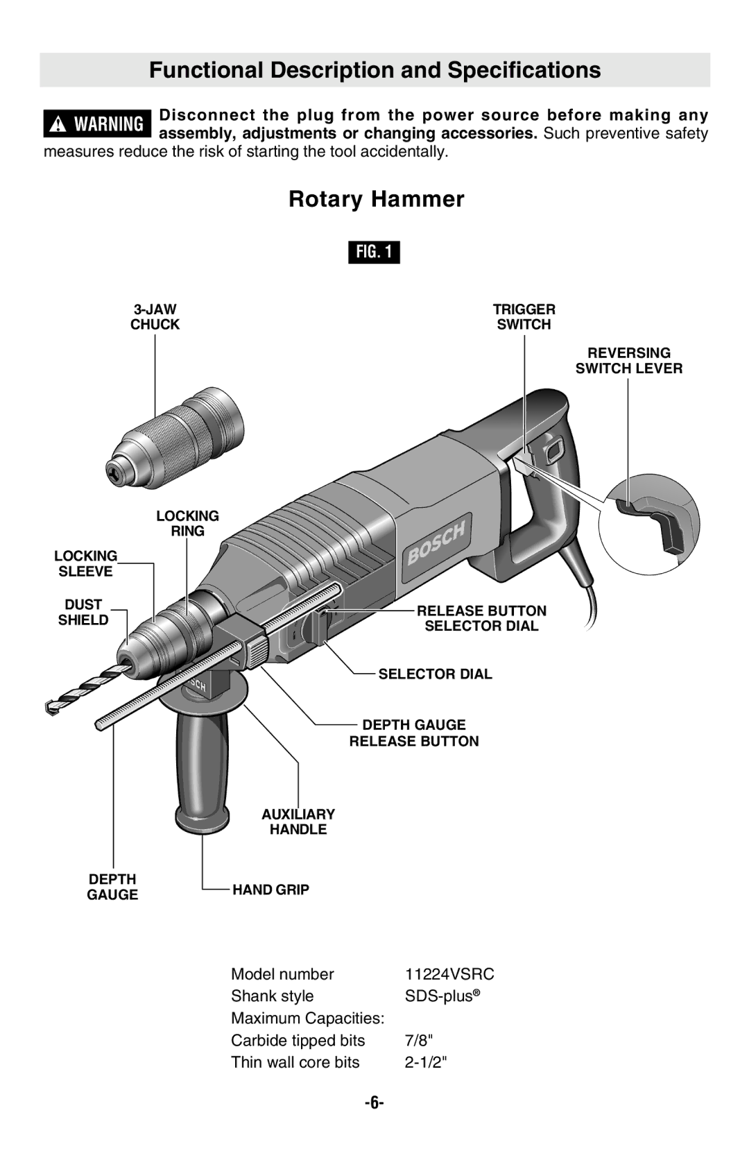 Bosch Power Tools 11224VSRC manual Functional Description and Specifications, Rotary Hammer 