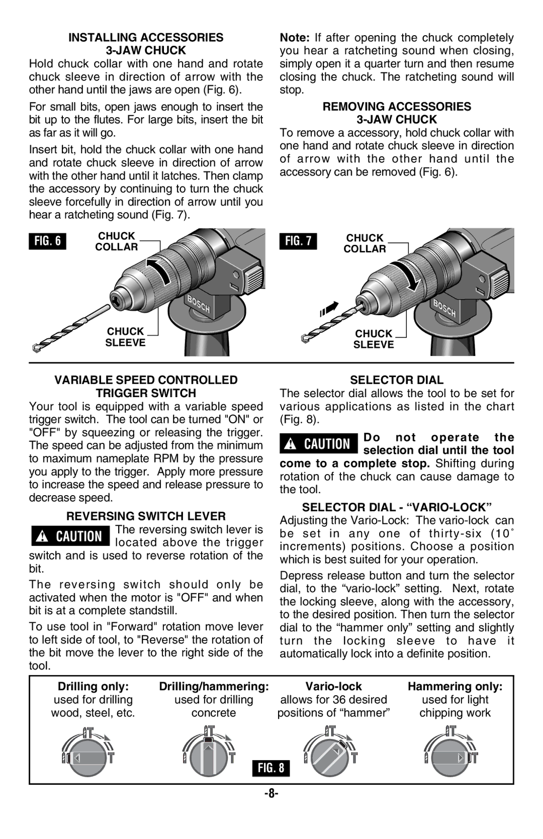 Bosch Power Tools 11224VSRC manual Installing Accessories JAW Chuck, Removing Accessories JAW Chuck, Reversing Switch Lever 