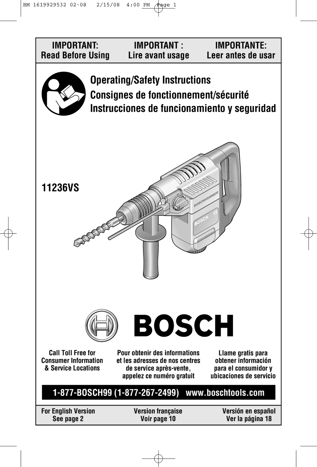 Bosch Power Tools 11236VS manual Read Before Using 