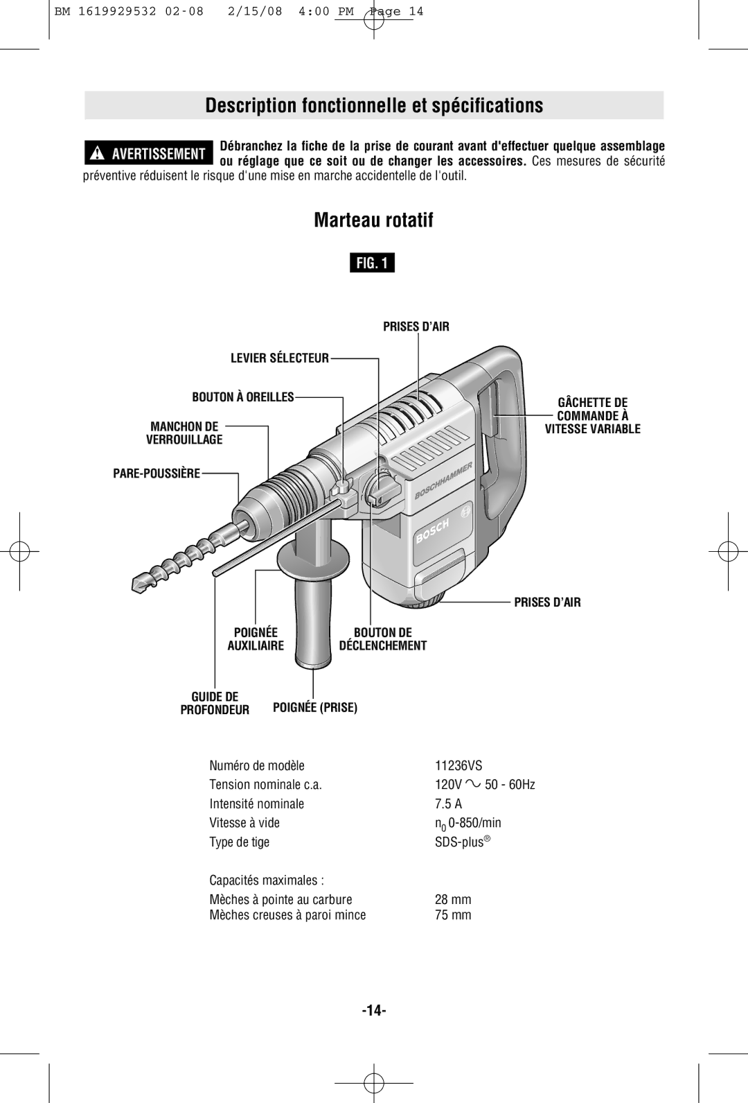 Bosch Power Tools 11236VS manual Description fonctionnelle et spécifications, Marteau rotatif 