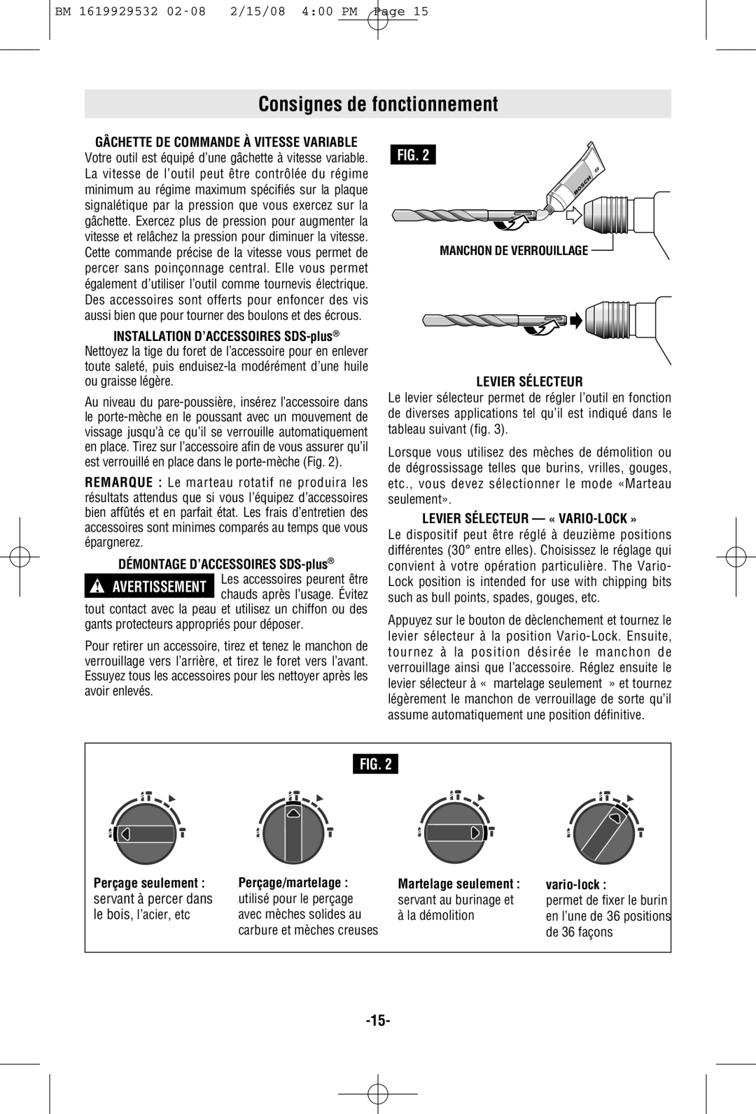 Bosch Power Tools 11236VS manual Consignes de fonctionnement, Levier Sélecteur « VARIO-LOCK » 