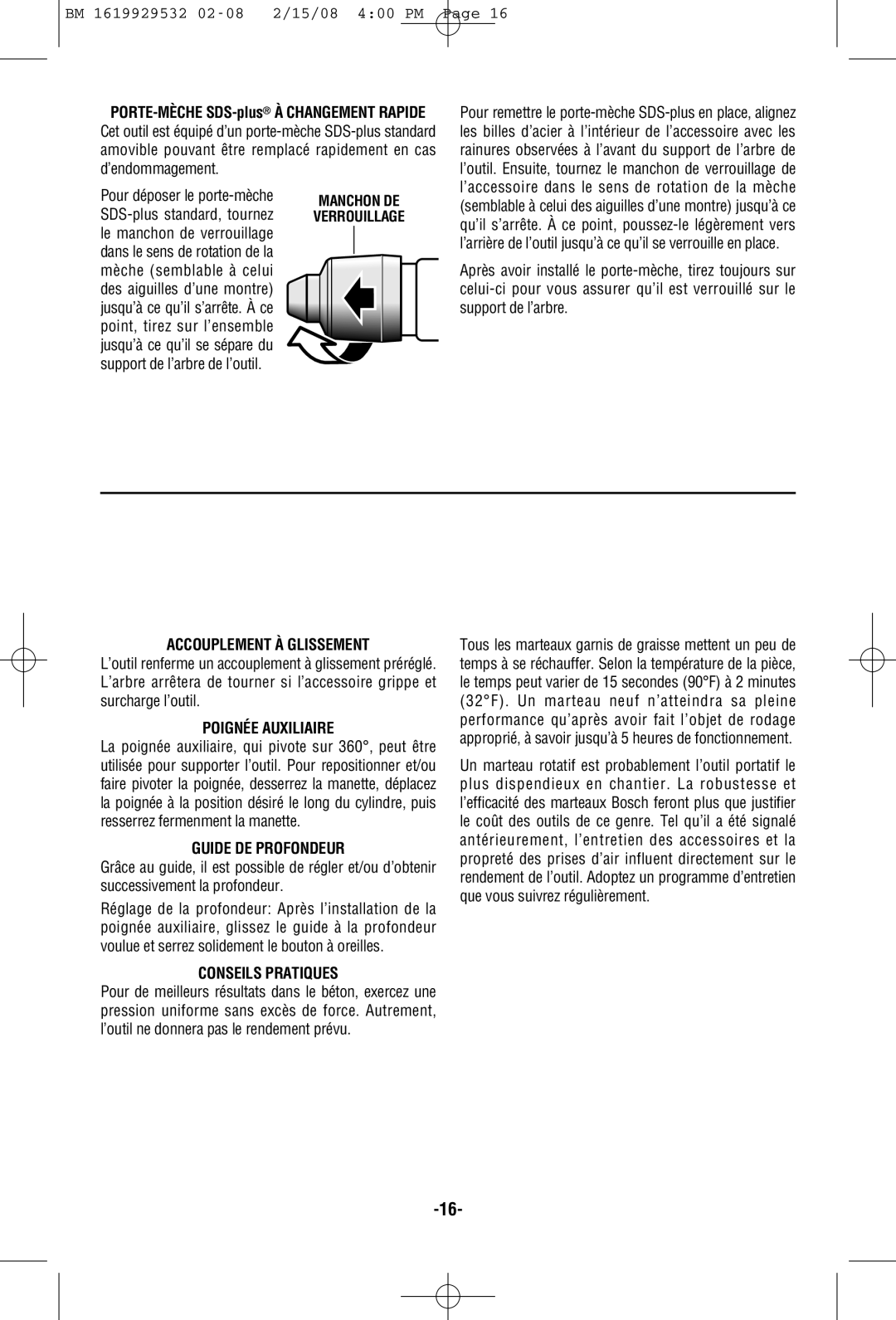 Bosch Power Tools 11236VS manual Accouplement À Glissement, Poignée Auxiliaire, Guide DE Profondeur, Conseils Pratiques 