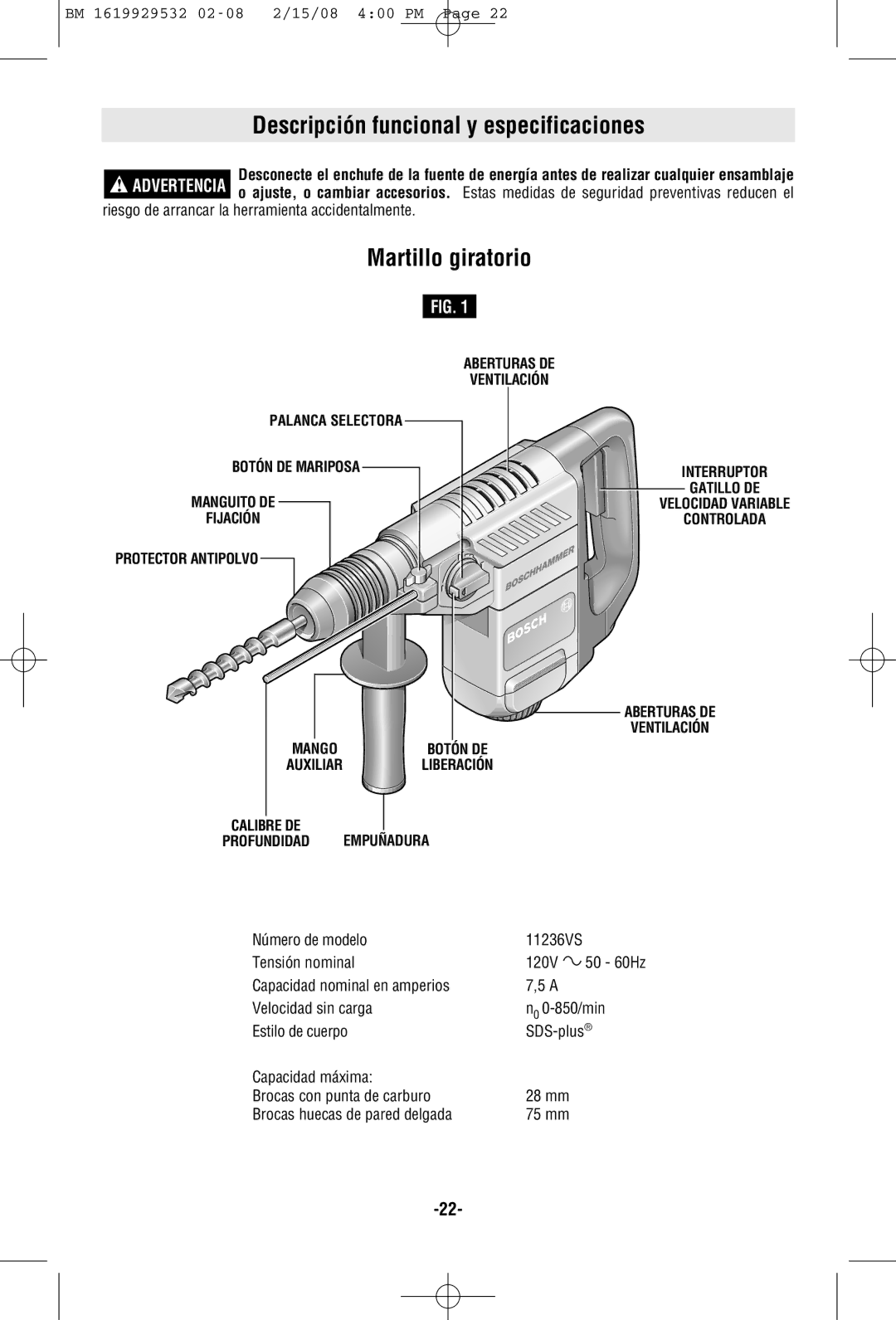 Bosch Power Tools 11236VS manual Descripción funcional y especificaciones, Martillo giratorio 